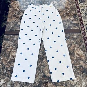 St. John Sport by Marie Gray White w/ Blue Embroidered Floral High Waist Pants 2